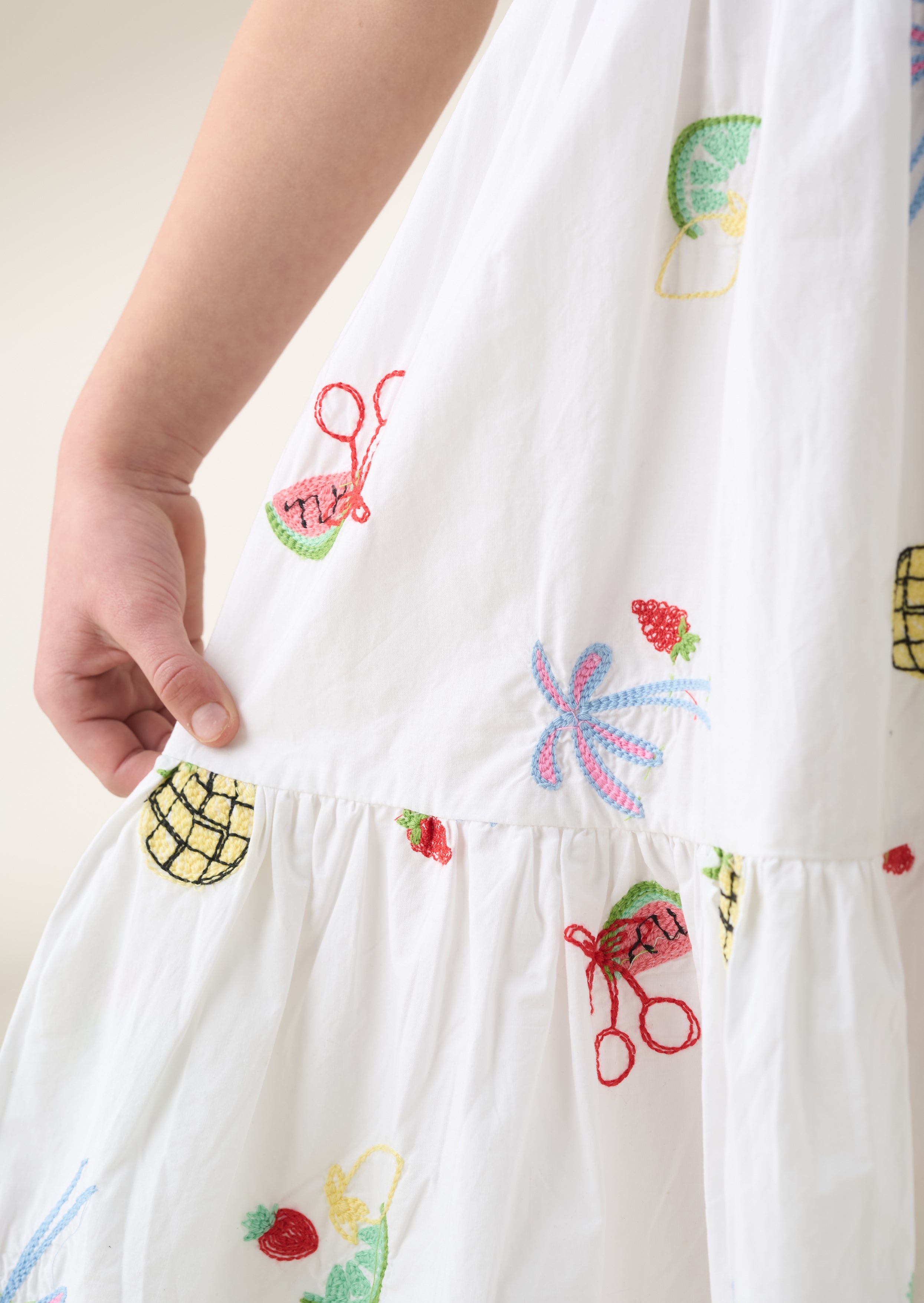 Emmie White Embroidered Fruit Dress