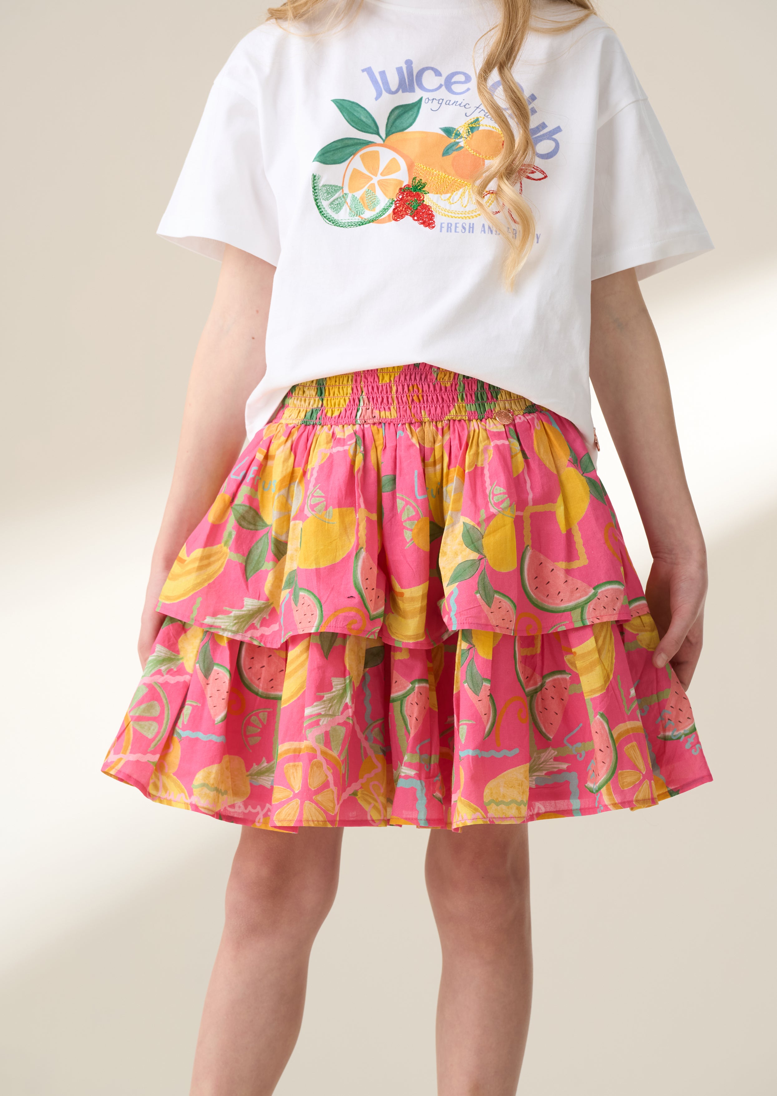 Eliana Pink Tiered Fruit Print Skirt