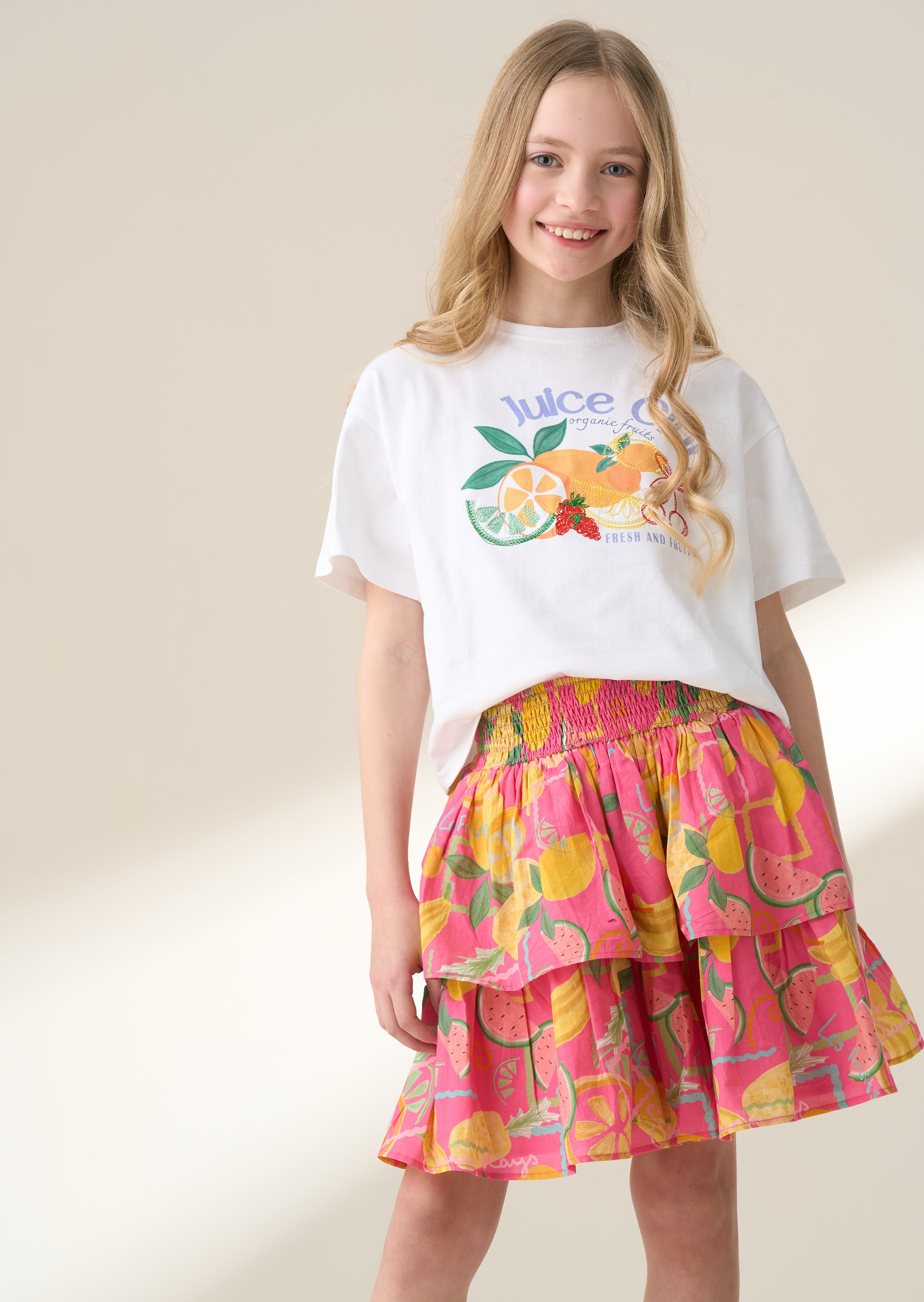 Eliana Pink Tiered Fruit Print Skirt