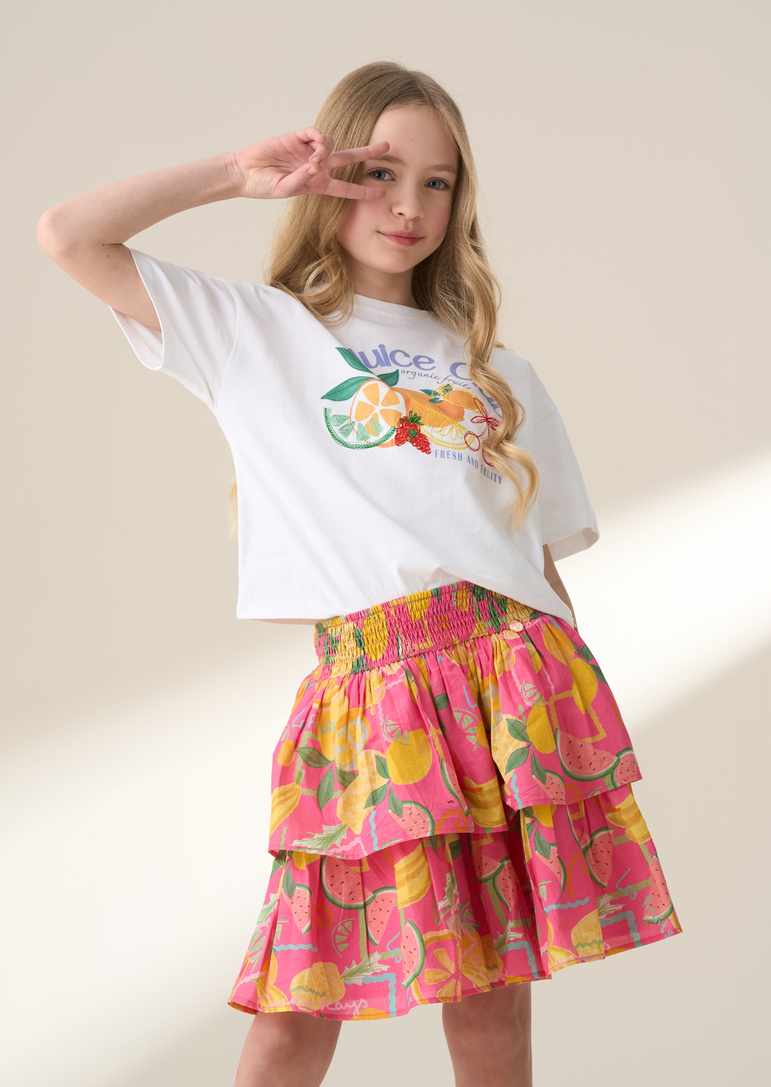 Eliana Pink Tiered Fruit Print Skirt