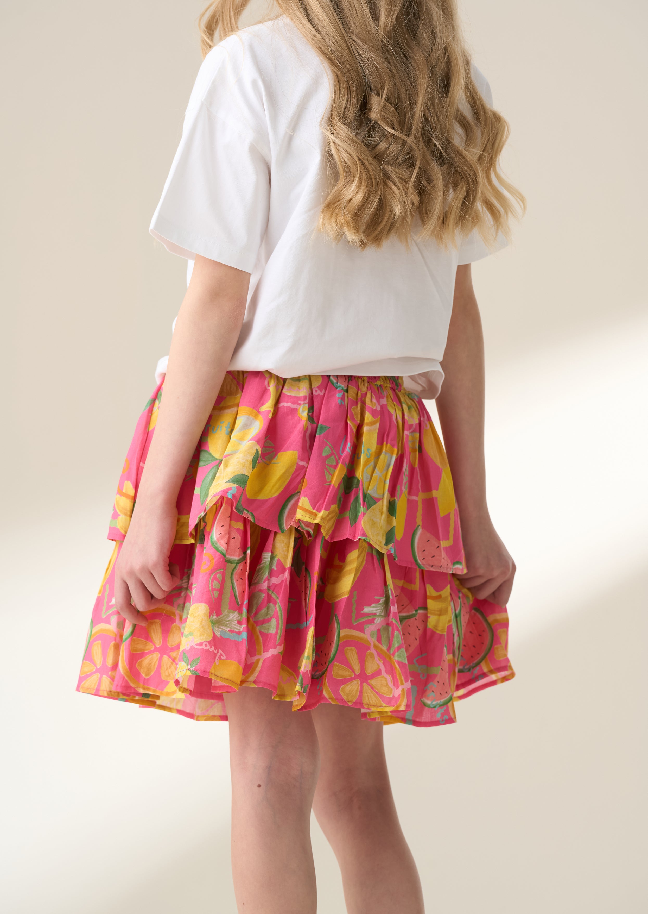 Eliana Pink Tiered Fruit Print Skirt