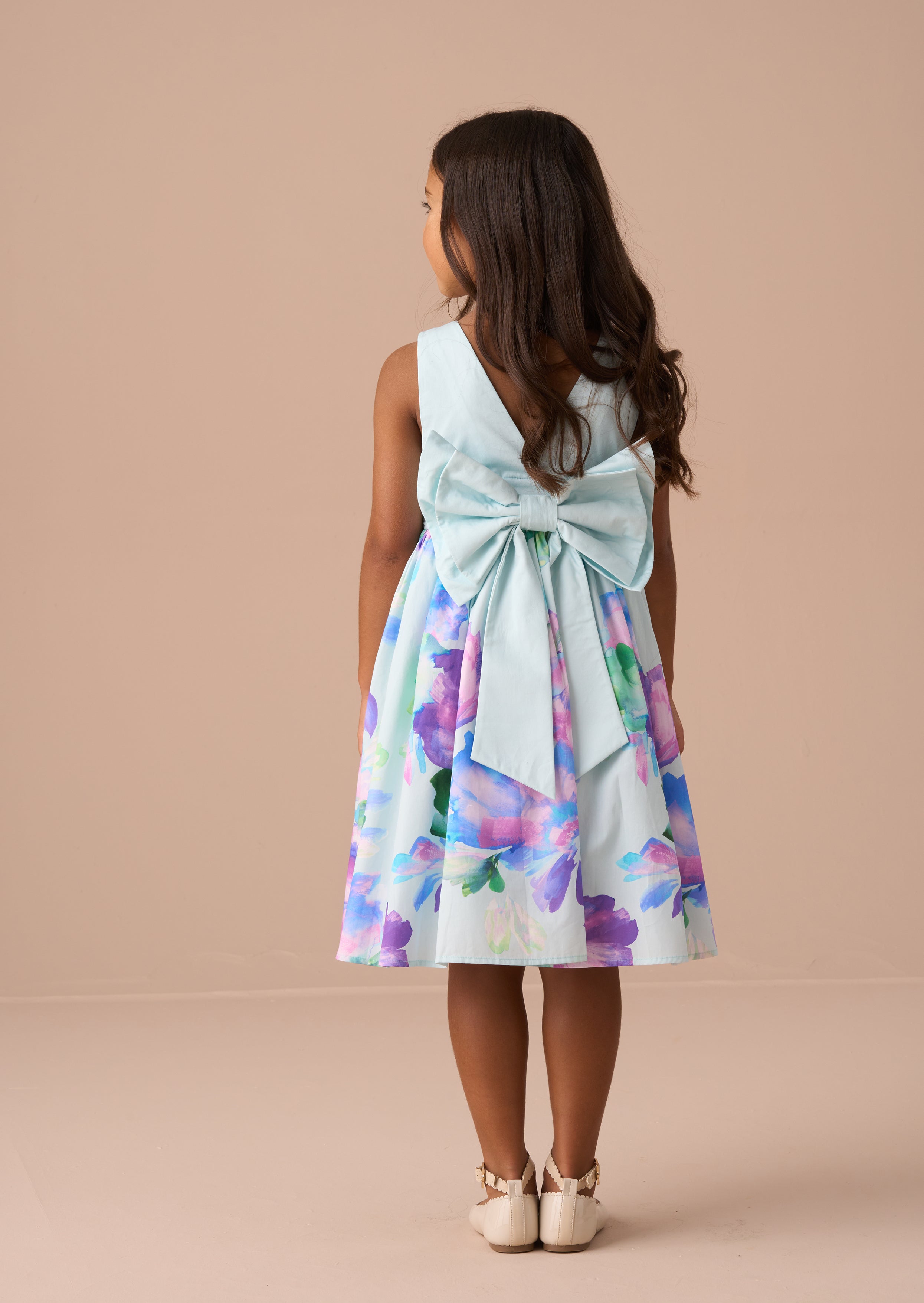 Elisa Mint Print Border Bow Back Dress