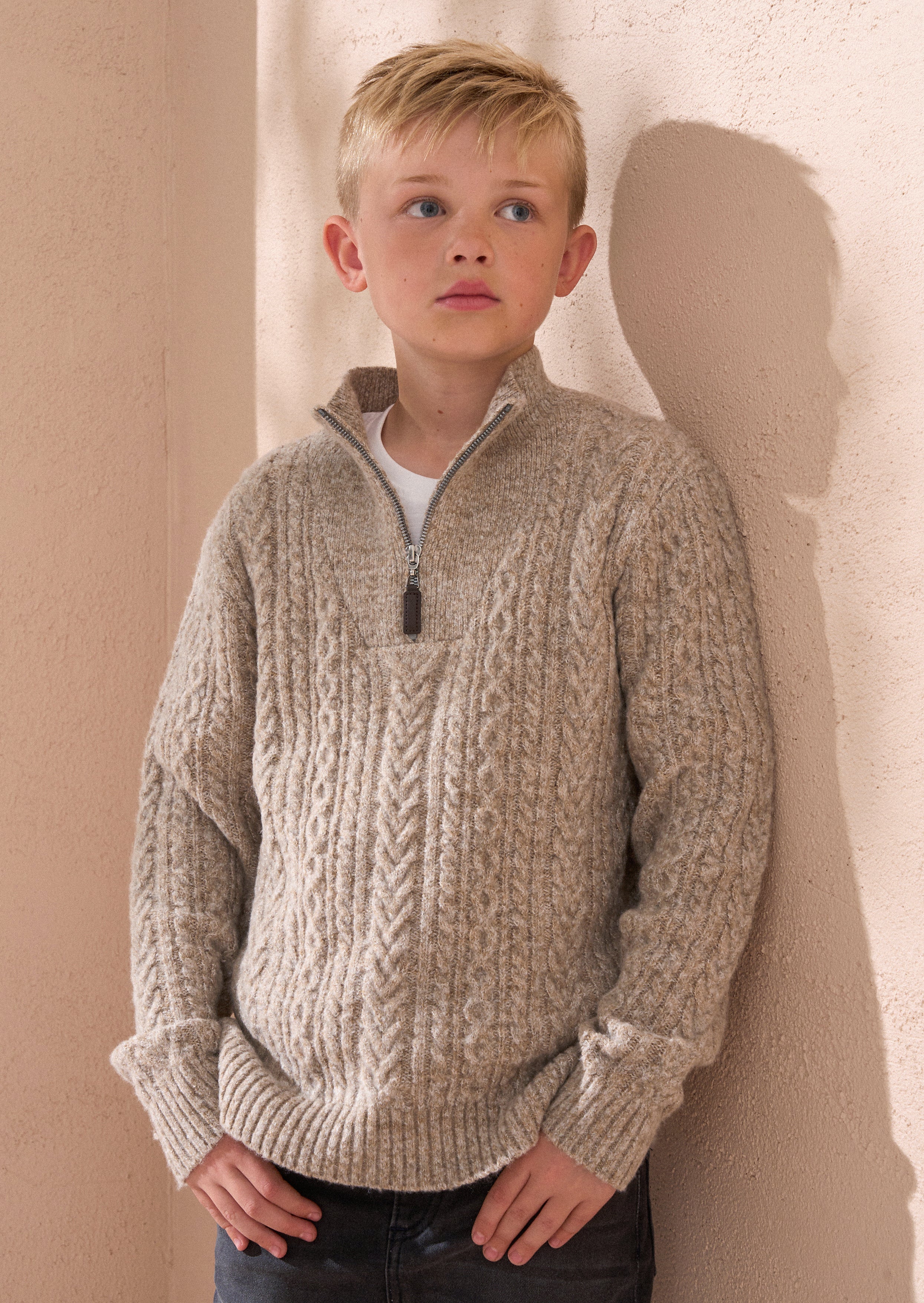 Boys Cable Knit Zip Neck Jumper in Stone Angel Rocket