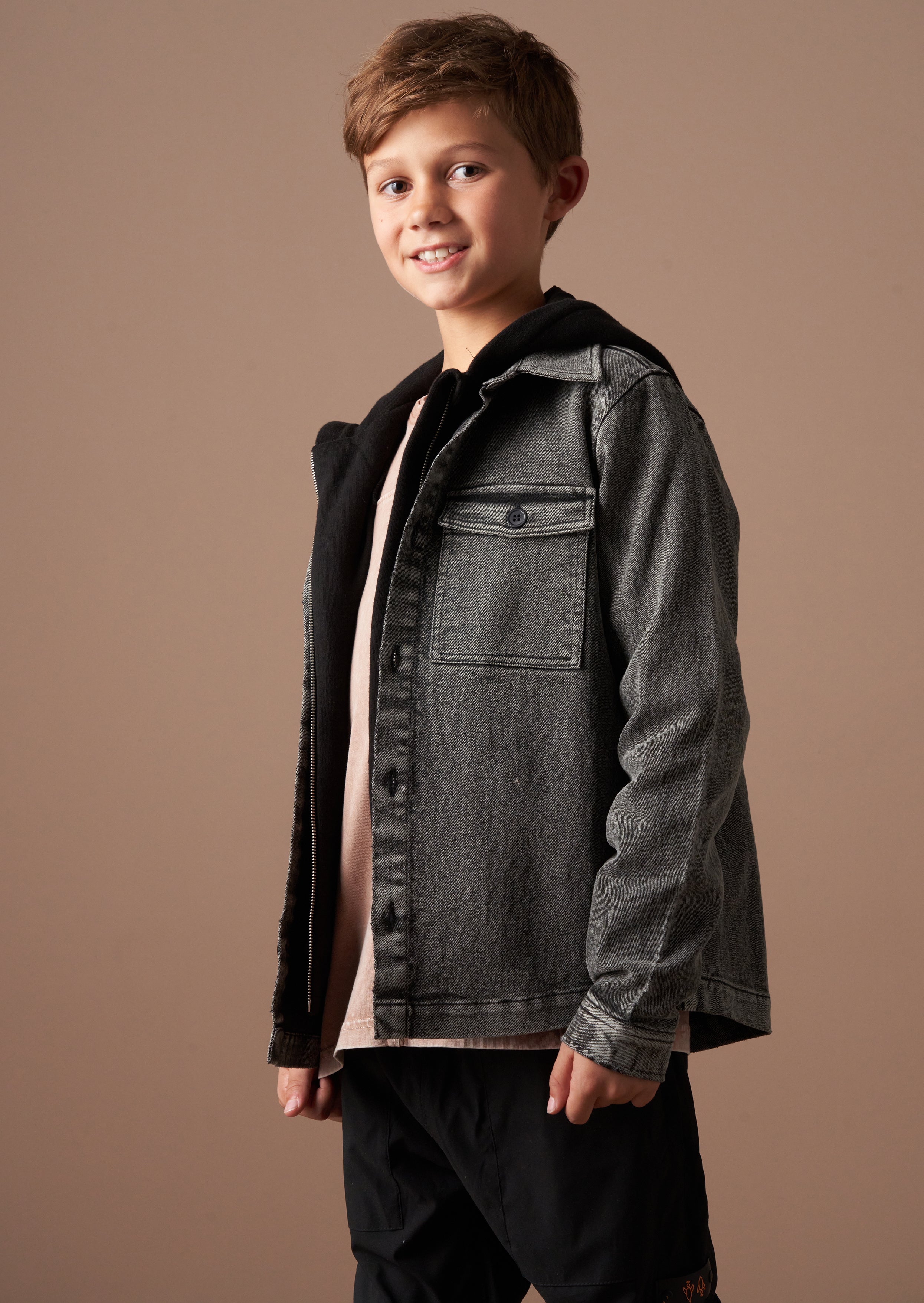 Harrison Grey Washed Denim Jacket With Hood