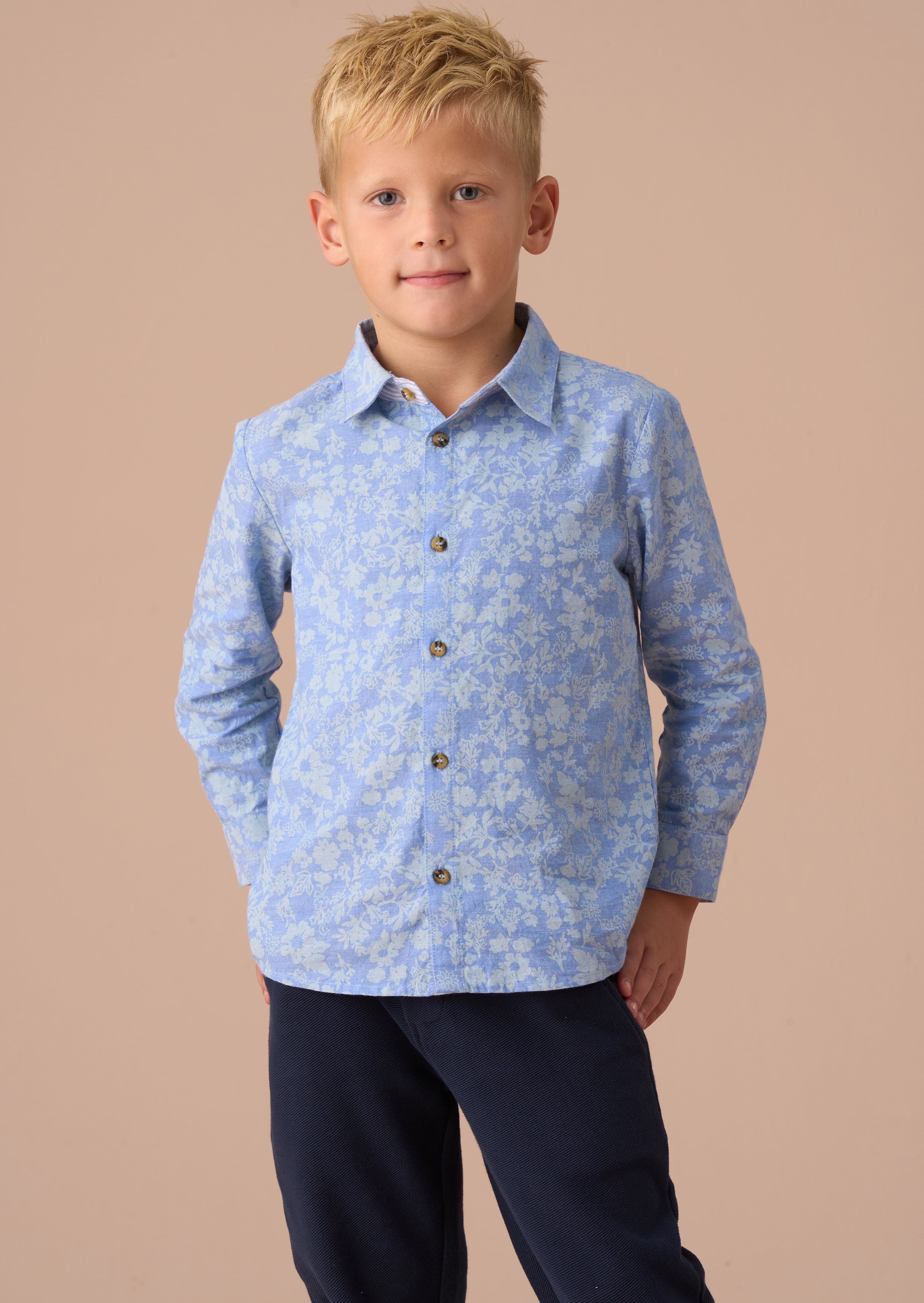 Faes Blue Chambray Floral Printed Shirt