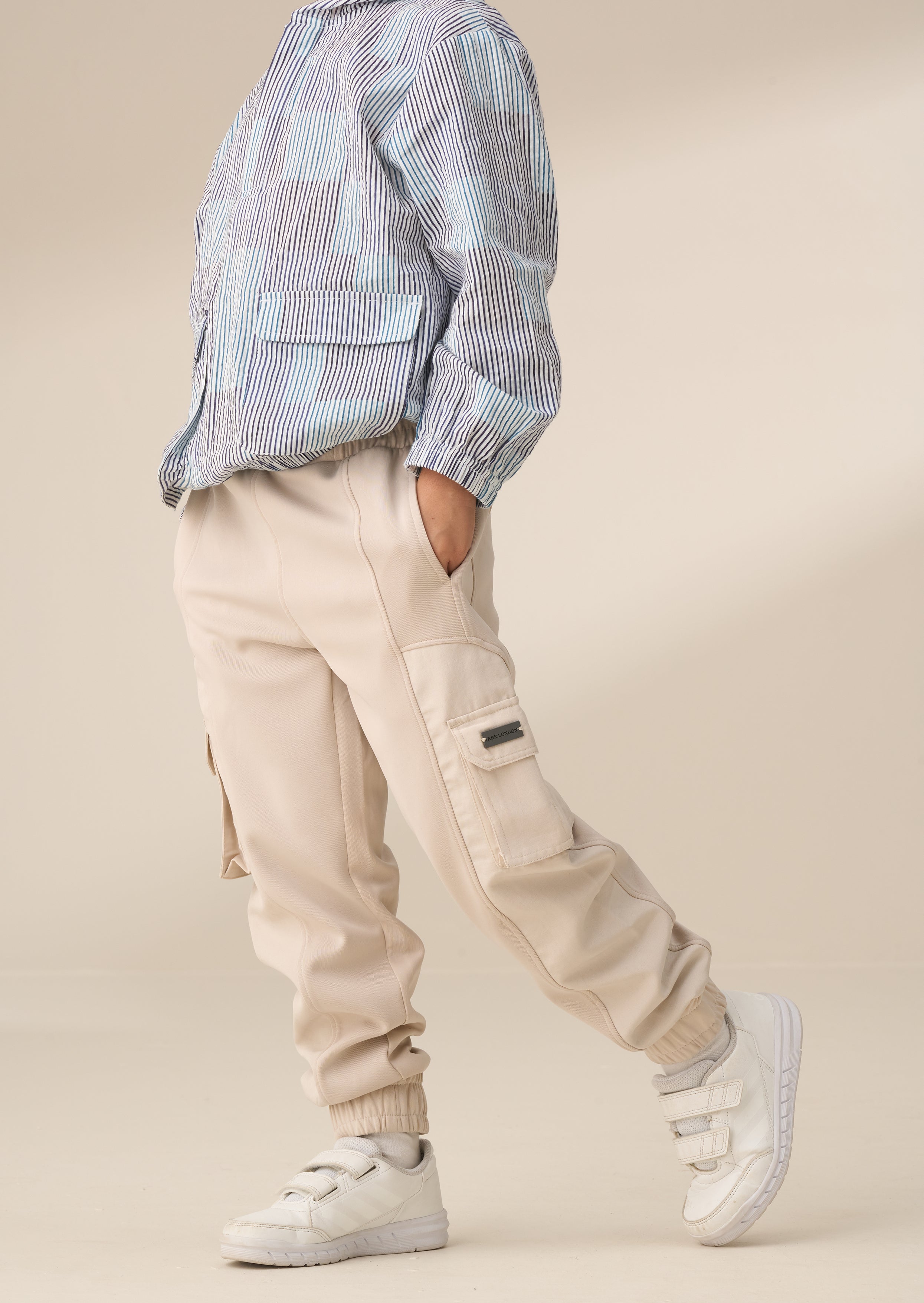 Frank Cream Panelled Mix Fabric Joggers