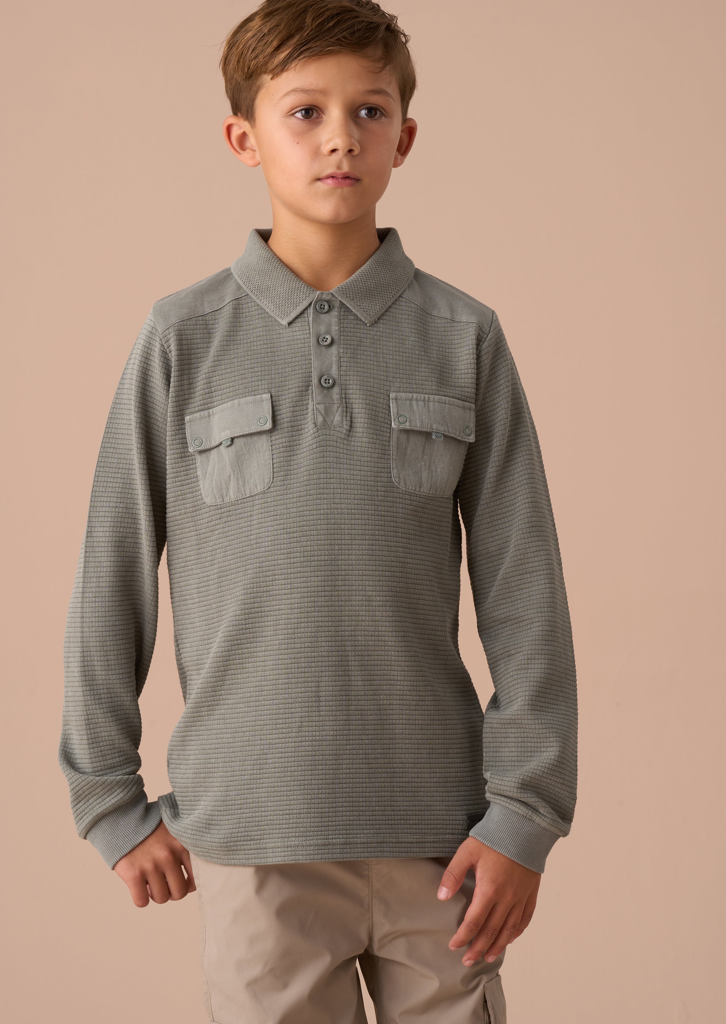 Finn Green Textured Long Sleeve Polo