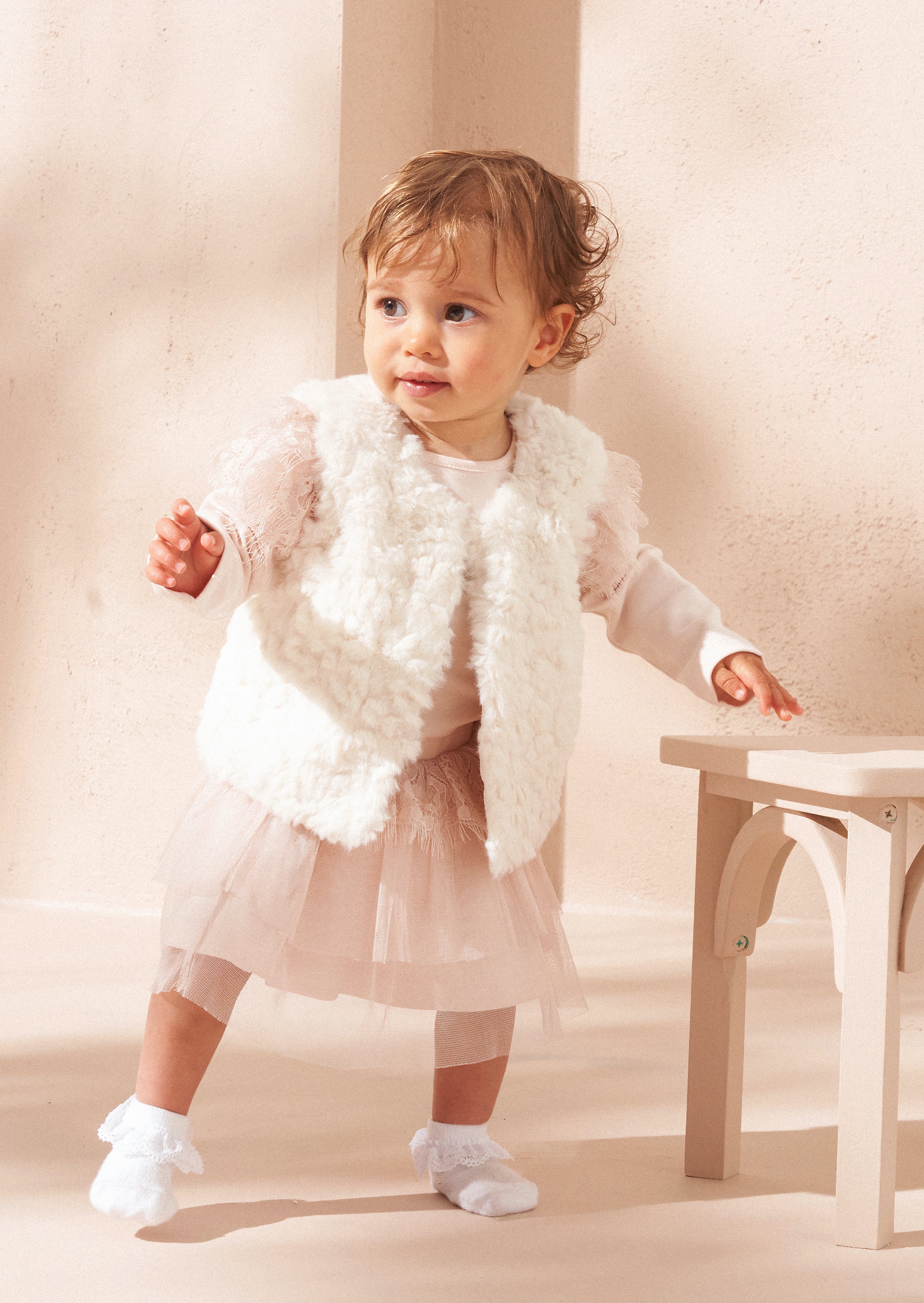 Cici Ecru Faux Fur Baby Gilet